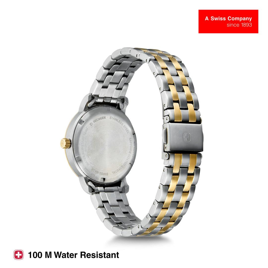 Two-tone watch with metal band on a white background, featuring a Swiss brand logo.