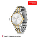 Two-tone watch with gold and silver band on a white background, featuring Swarovski stones.