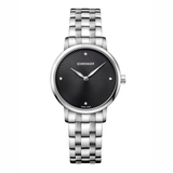 A Swinger women's analog watch featuring a round silver stainless steel case and a silver link bracelet, with a textured black dial and silver hands.