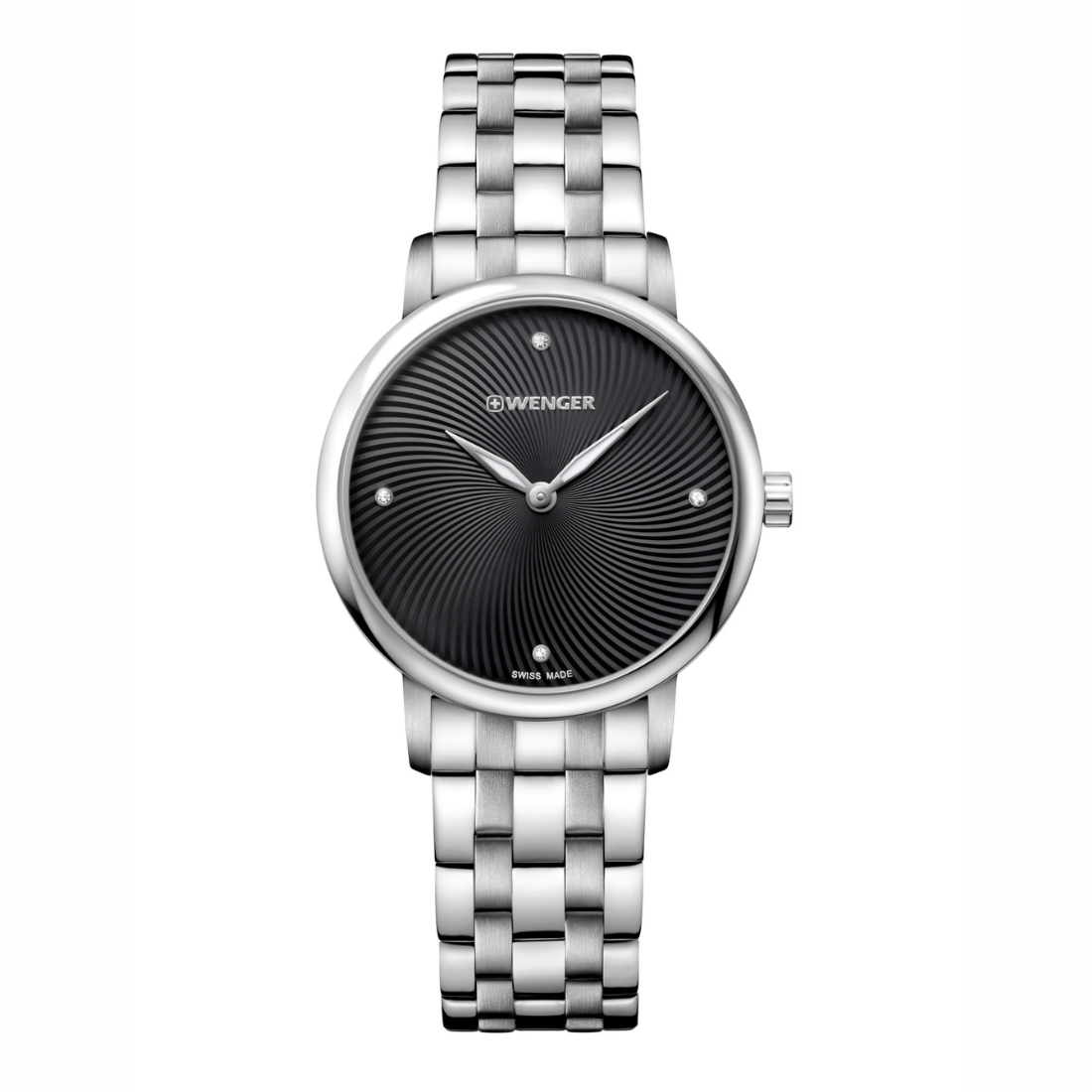 A Swinger women's analog watch featuring a round silver stainless steel case and a silver link bracelet, with a textured black dial and silver hands.