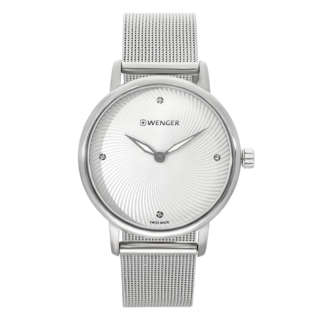 Silver Wenger watch with mesh band on a white background