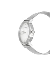 Silver watch with a mesh band on a white background