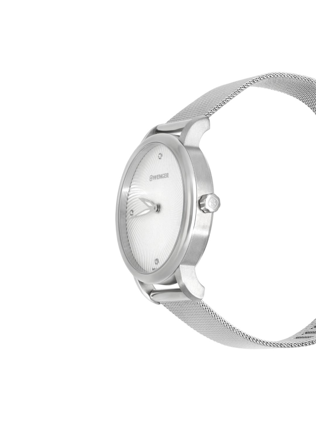 Silver watch with a mesh band on a white background