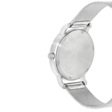 Silver watch with mesh band on a white background