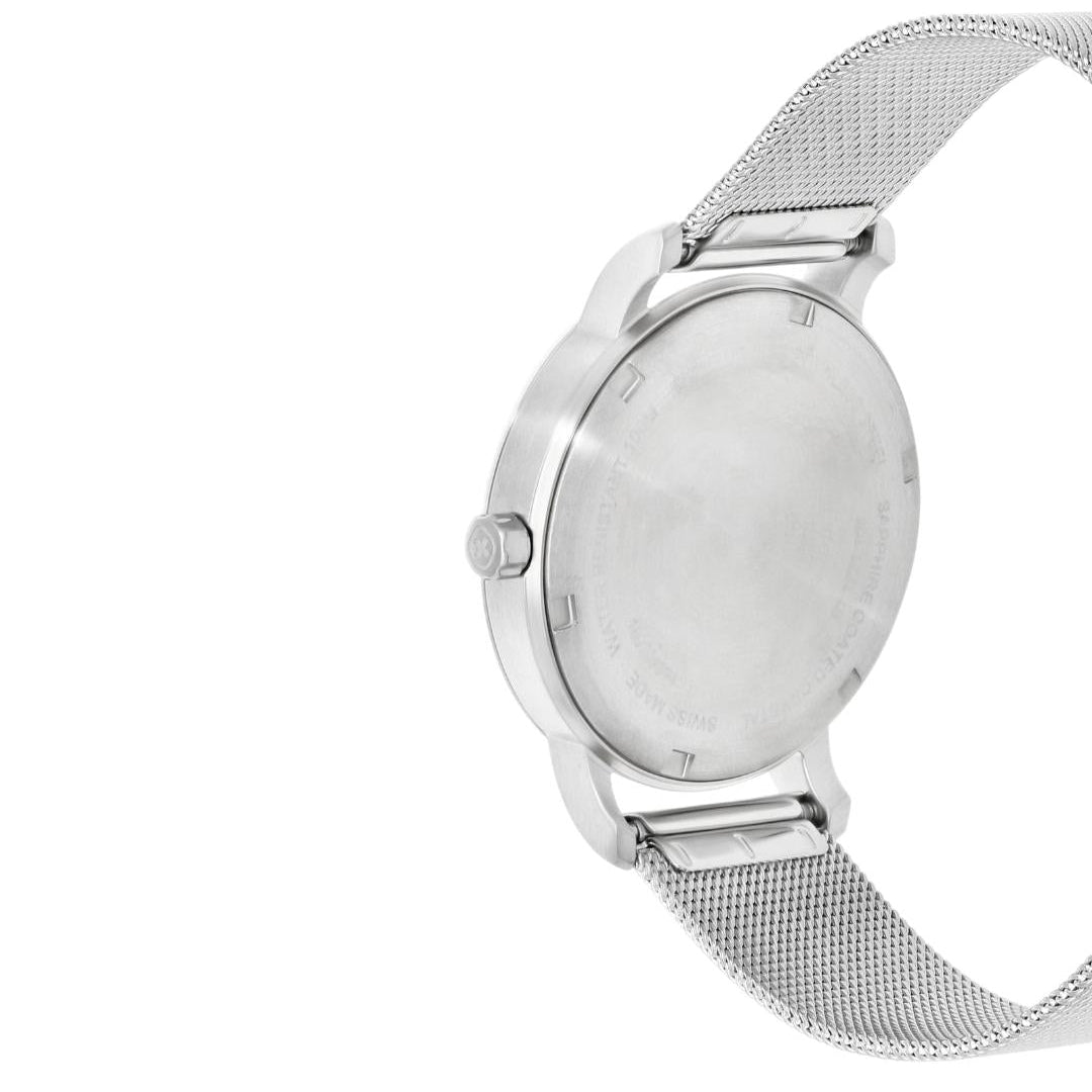 Silver watch with mesh band on a white background