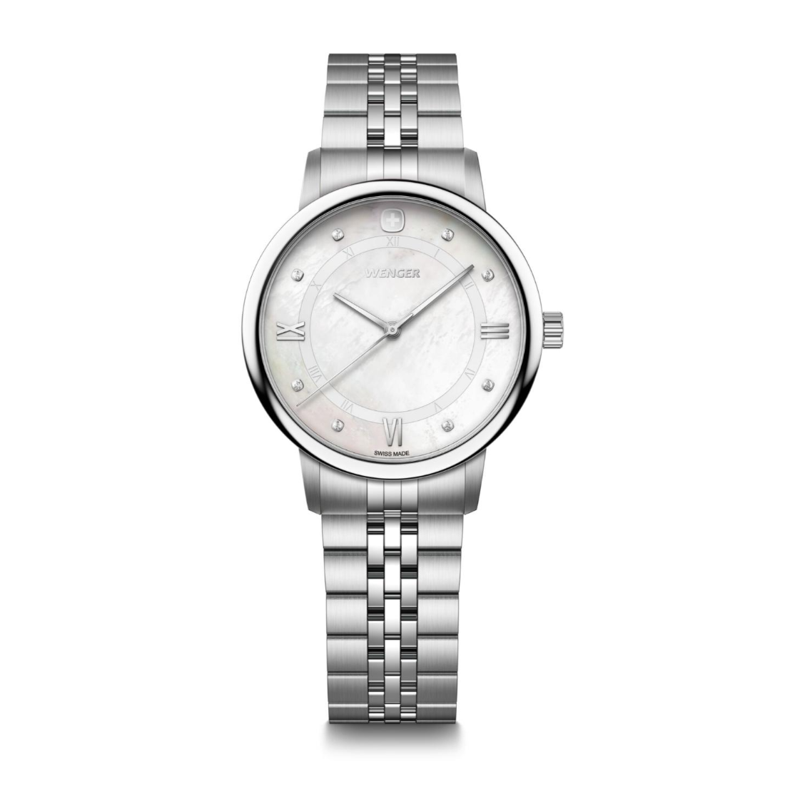 Silver watch with a white face on a white background
