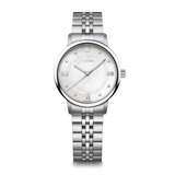 Silver watch with a white face on a white background