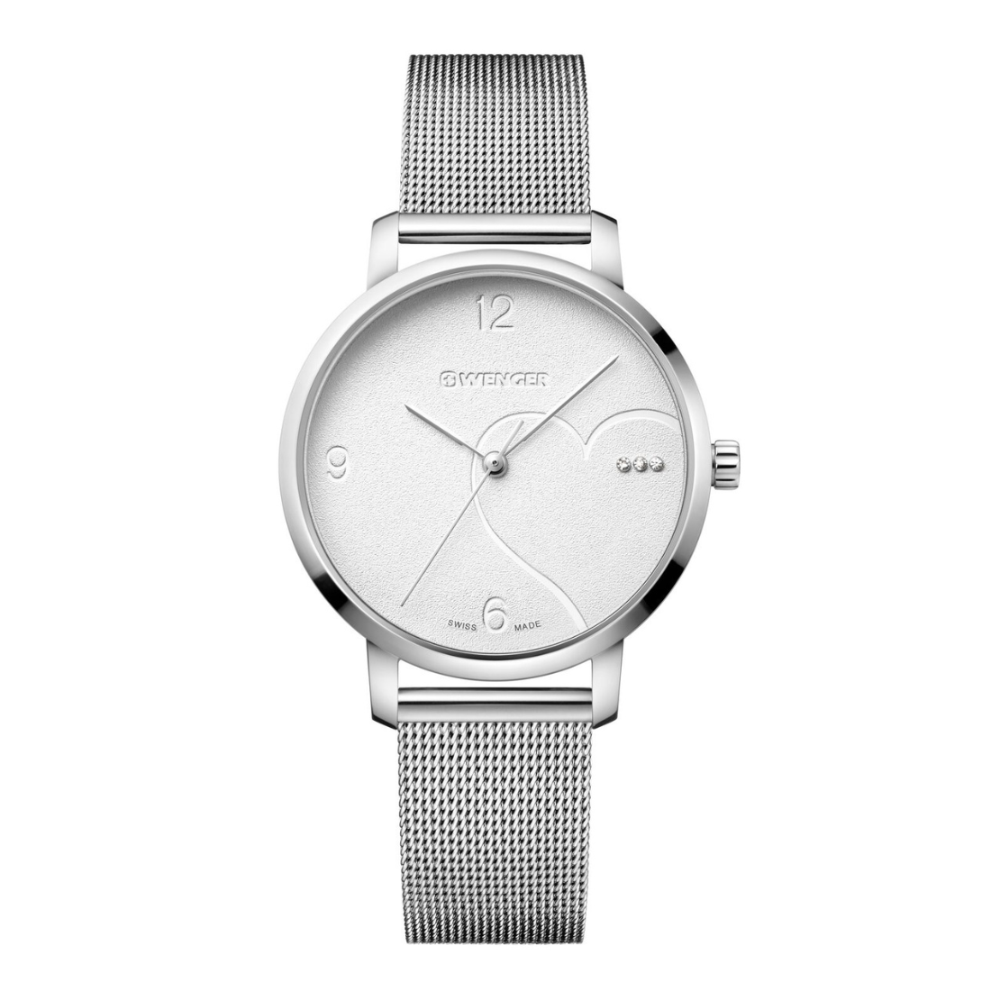 A minimalist silver-tone analog watch with a matching silver mesh strap, featuring a white dial with simple black markings and hands.