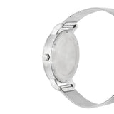 Silver stainless steel watch shown from the side, featuring a round case and a matching silver mesh band, isolated on a white background.