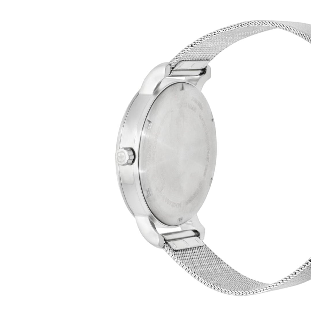 Silver stainless steel watch shown from the side, featuring a round case and a matching silver mesh band, isolated on a white background.