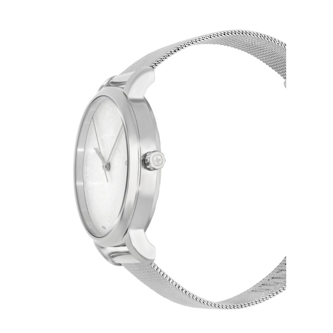 A silver-tone stainless steel watch with a minimalist white dial and a matching mesh strap, shown in a side profile view against a plain white background.