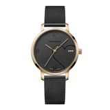 A Swinger women's watch featuring a black mesh strap, a round rose gold case, and a black dial with minimalist gold-tone hands and a curved line detail.