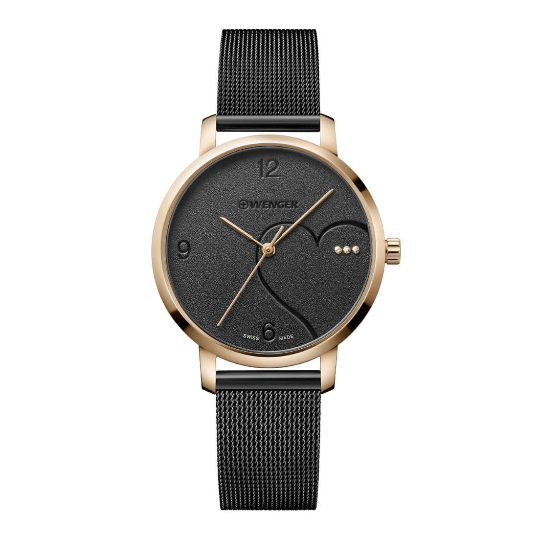 A Swinger women's watch featuring a black mesh strap, a round rose gold case, and a black dial with minimalist gold-tone hands and a curved line detail.