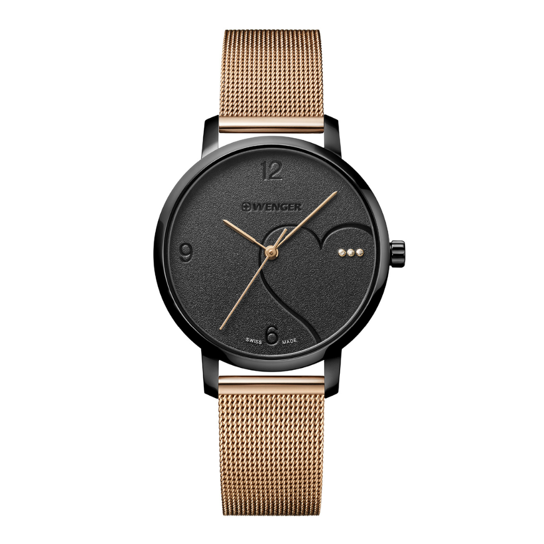 A Swinger Swiss Made analog watch with a black round dial, minimalist gold-tone hands and markers, and a rose gold-tone mesh metal strap, shown against a plain white background.