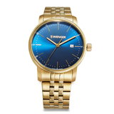 Gold wristwatch with blue dial on a white background