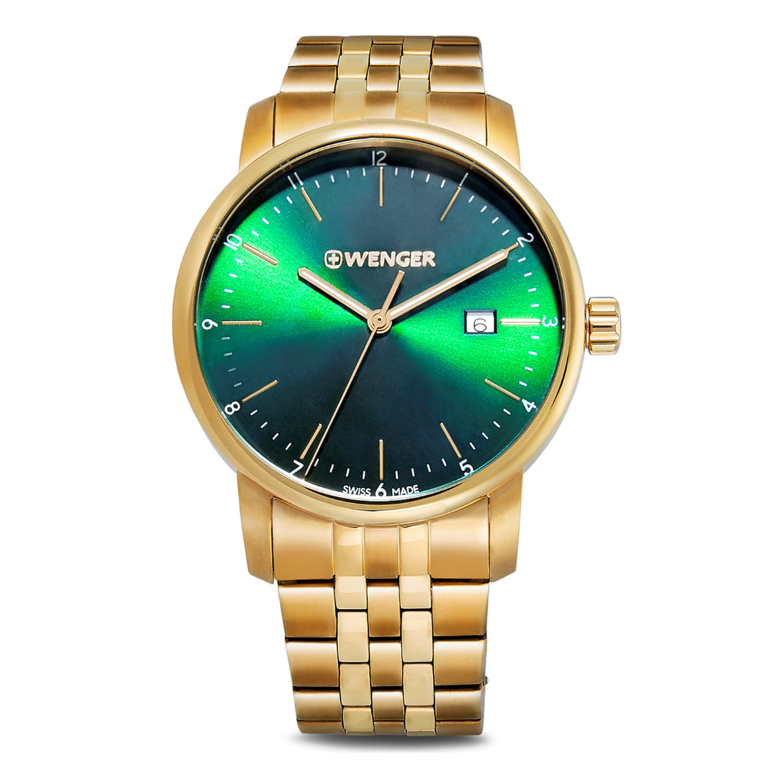 Gold wristwatch with a green face on a white background