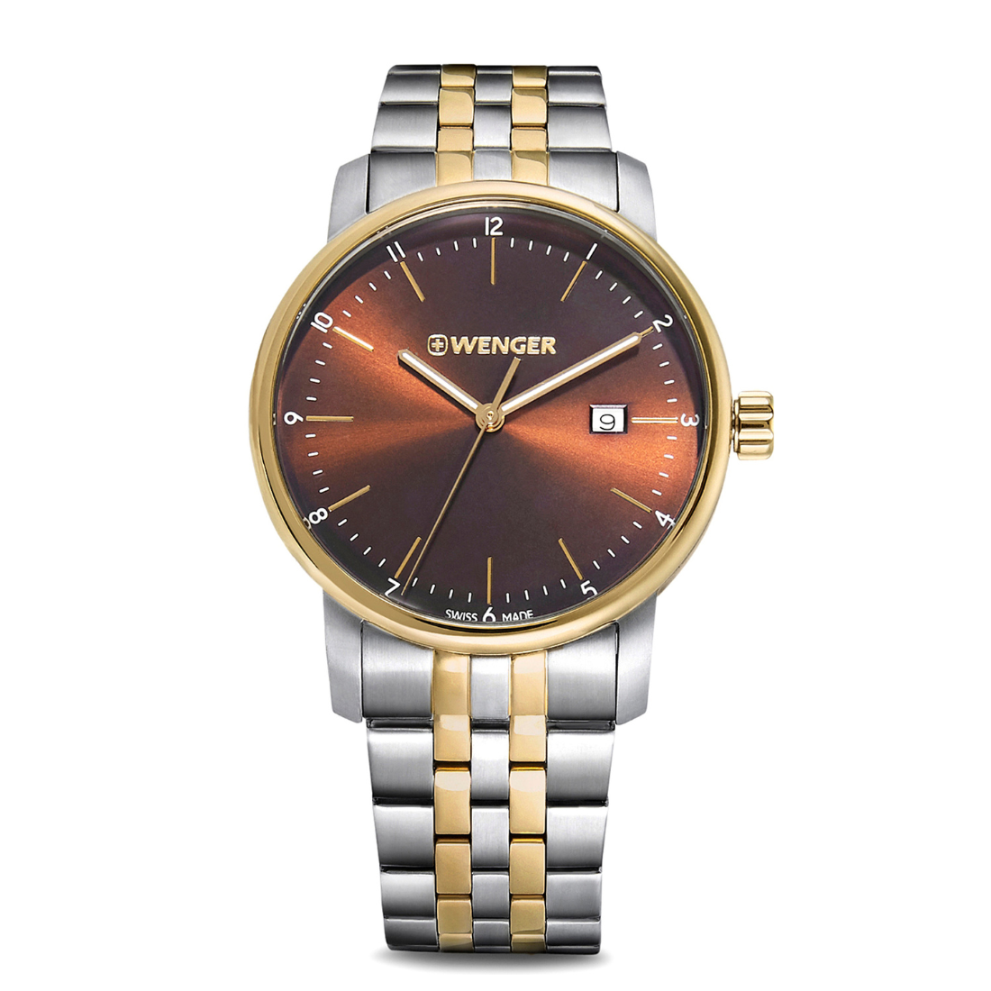 W Wenger watch with two-tone metal strap on a white background