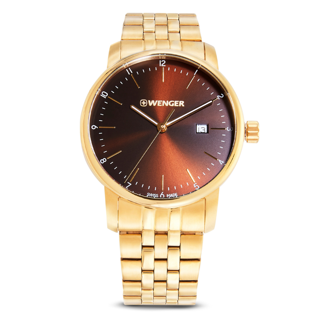Gold wristwatch with a brown dial on a white background