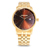 Gold wristwatch with a brown dial on a white background
