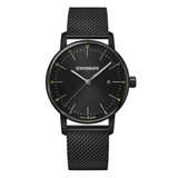Black Wenger watch with mesh band on a white background