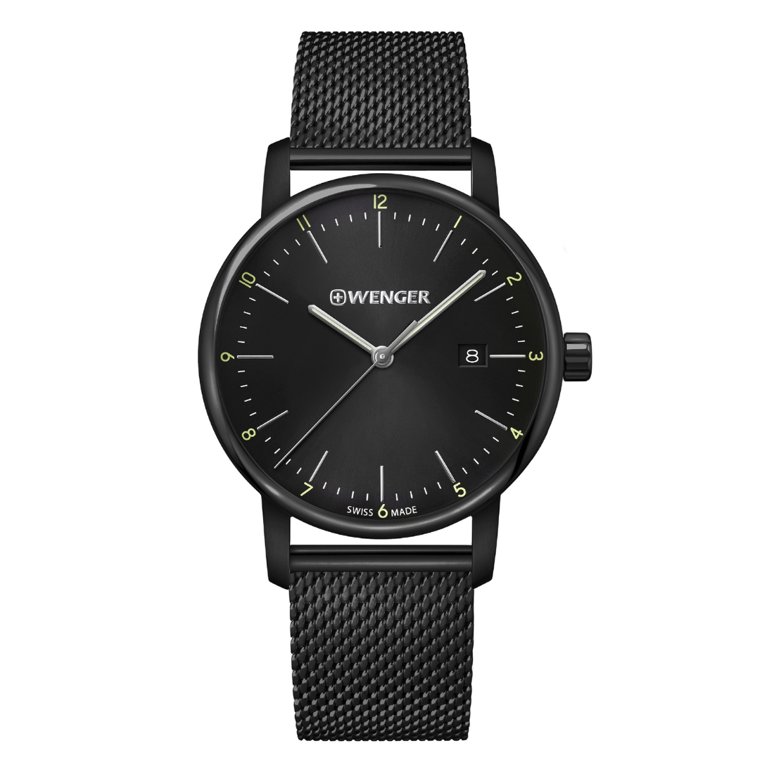 Black Wenger watch with mesh band on a white background