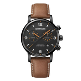 W Wenger watch with brown leather strap on white background