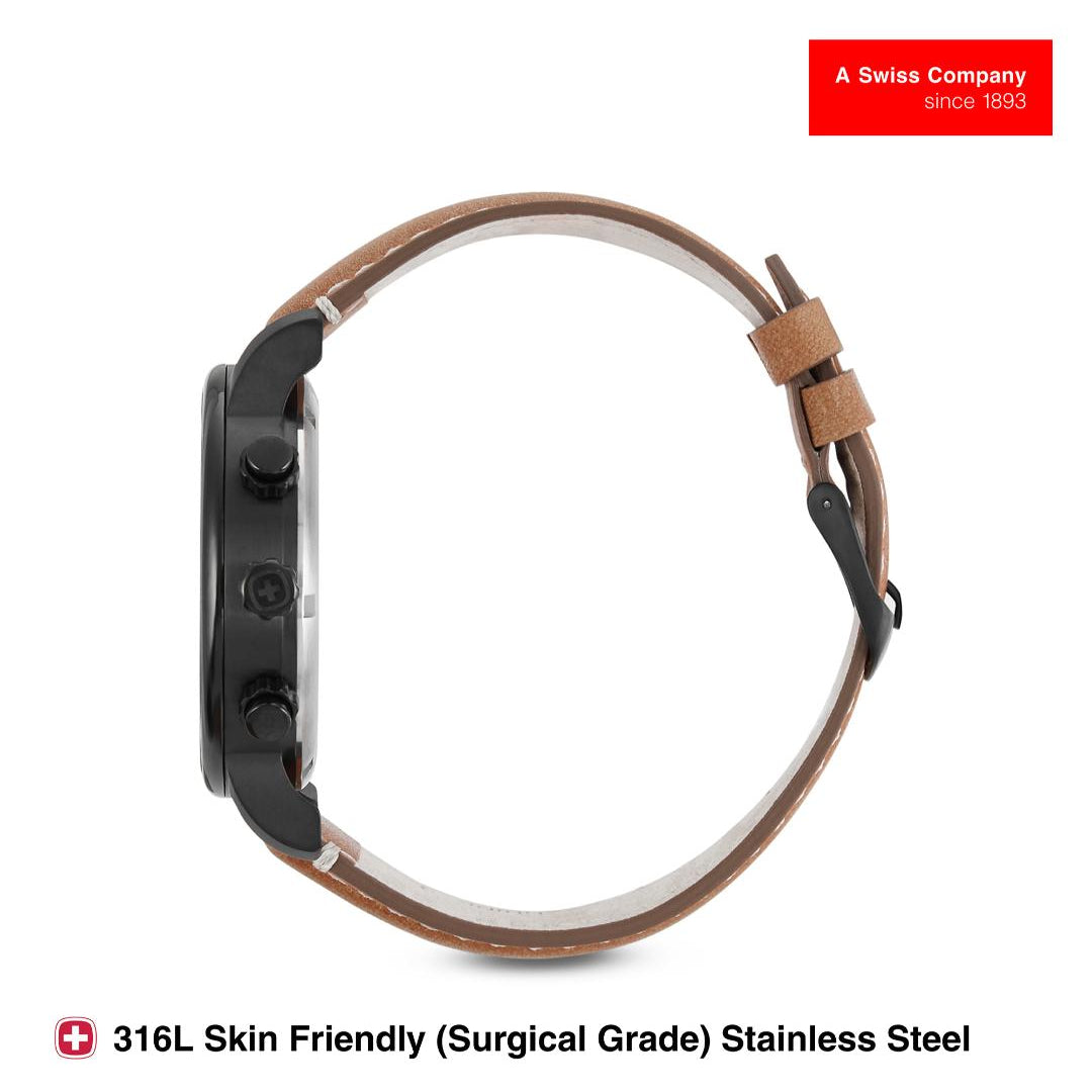 Watch with brown leather strap on a white background, featuring text about material and brand.
