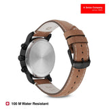 Watch with brown leather strap and silver case on a white background