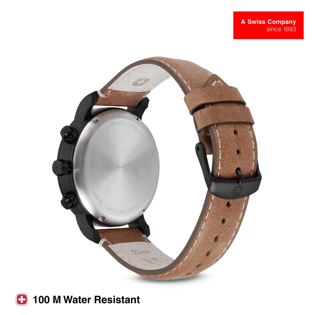 Watch with brown leather strap and silver case on a white background