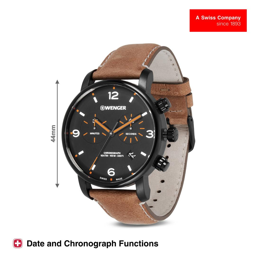 Swiss watch with brown leather strap and black dial on a white background, featuring Wenger branding.