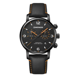 Swiss watch with black leather strap and detailed face on a white background, featuring Wenger branding.
