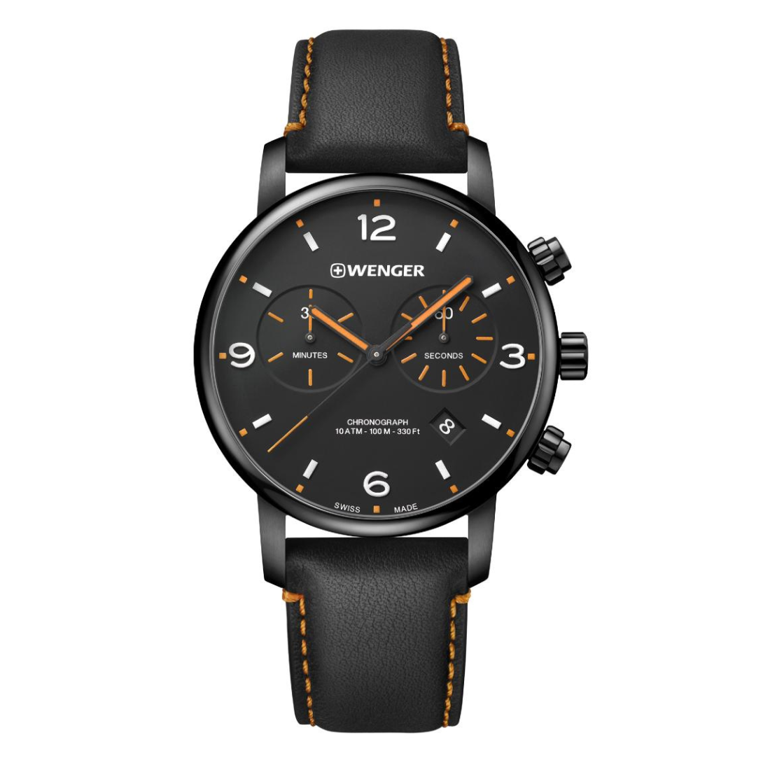 Swiss watch with black leather strap and detailed face on a white background, featuring Wenger branding.