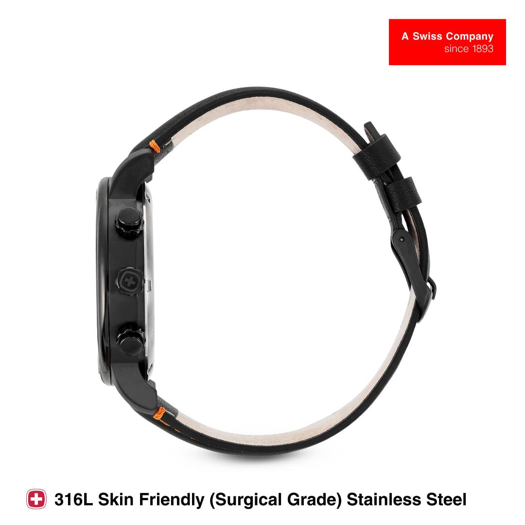 Black watch strap on a white background with text about material and brand.
