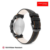 Watch with black leather strap on a white background, featuring a Swiss Company logo.