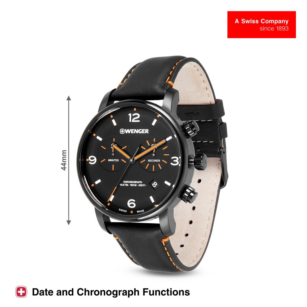 Swiss watch with black leather strap and detailed face on a white background, featuring Wenger branding.