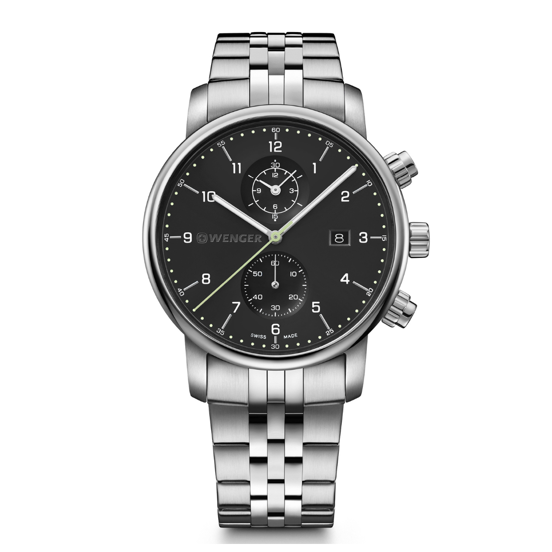 Silver wristwatch with a black dial on a white background
