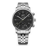 Silver wristwatch with a black dial on a white background