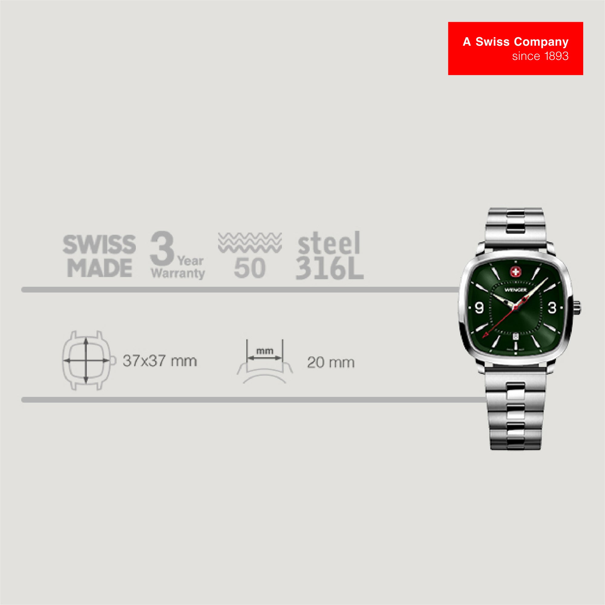 Wenger Vintage Sport Green Dial 37mm Men Analog Watch 01.1921.111