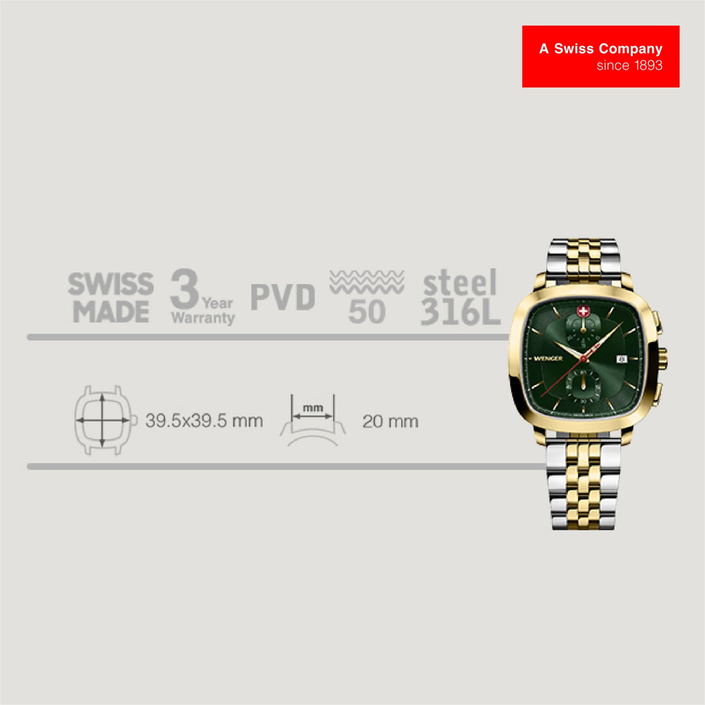 Wenger Vintage Classic Green Dial 40mm Men Chrono Watch 01.1933.105
