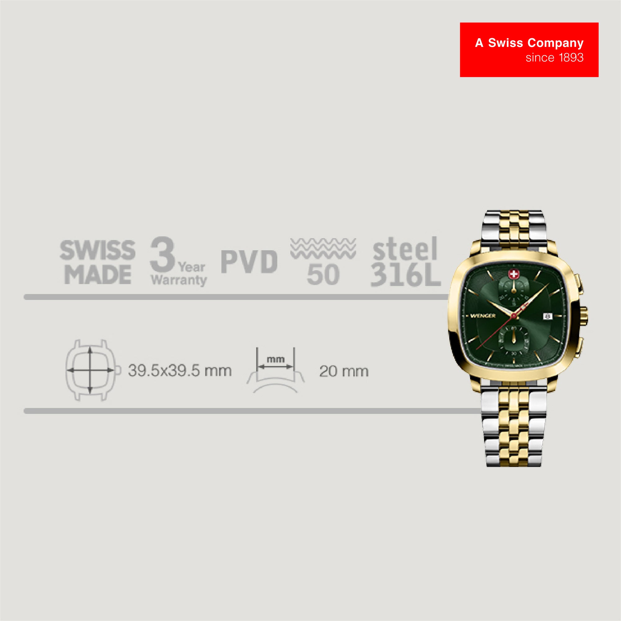 Wenger Vintage Classic Green Dial 40mm Men Chrono Watch 01.1933.105