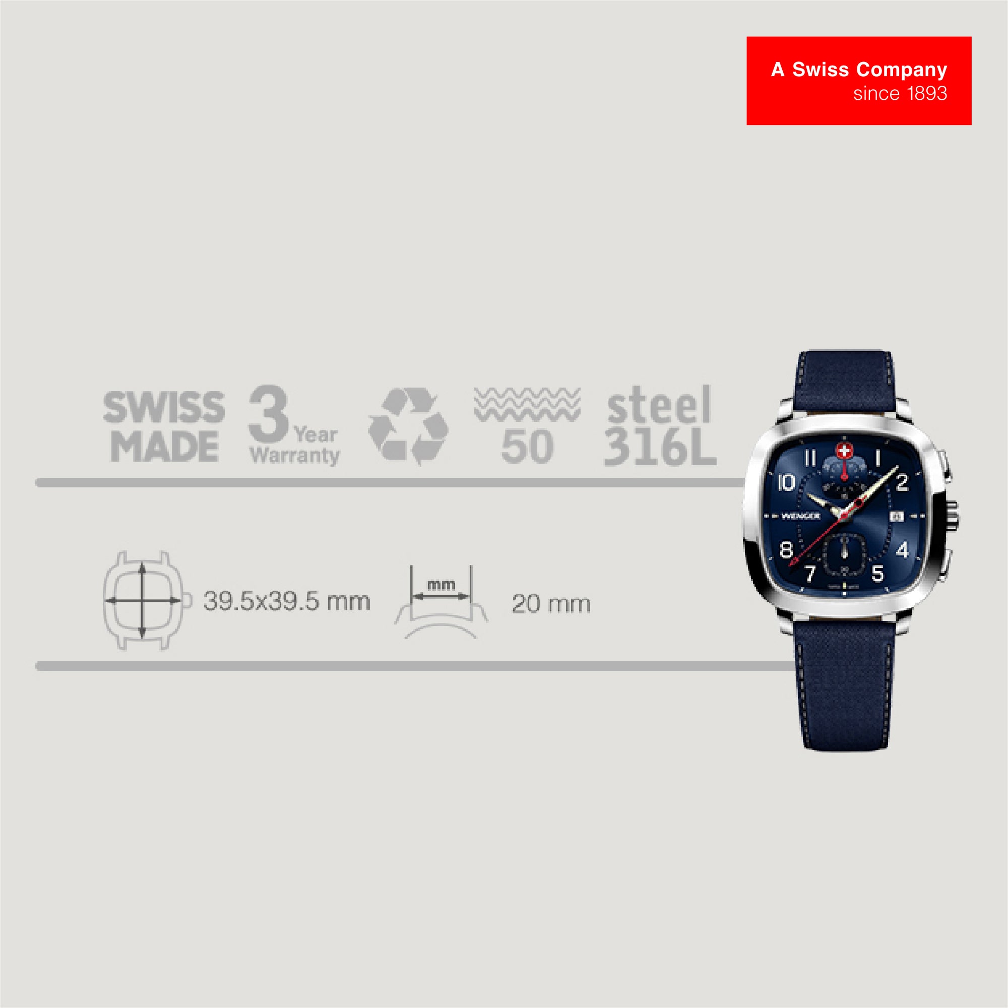 Wenger Vintage Sport Blue Dial 40 mm Men Chrono Watch 01.1933.110