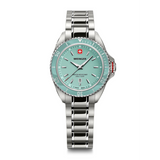 W Wenger watch with silver bracelet and turquoise dial on a white background