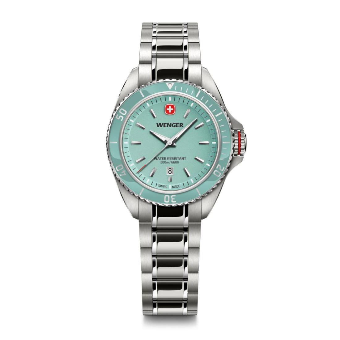 W Wenger watch with silver bracelet and turquoise dial on a white background