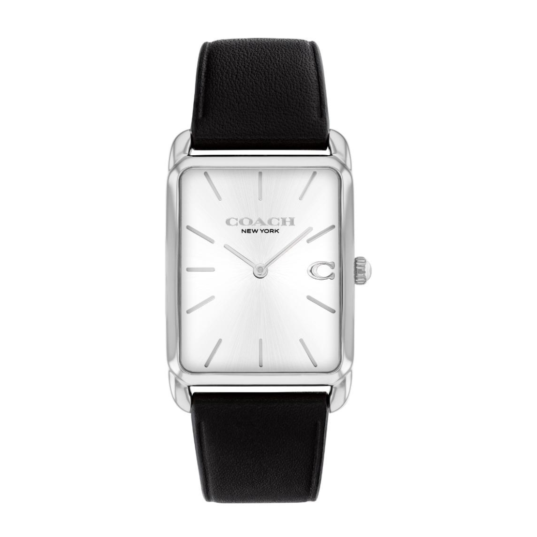 A Coach New York women's watch featuring a silver-tone rectangular case, a white dial with slim stick indices, and a black leather strap, shown against a plain white background.
