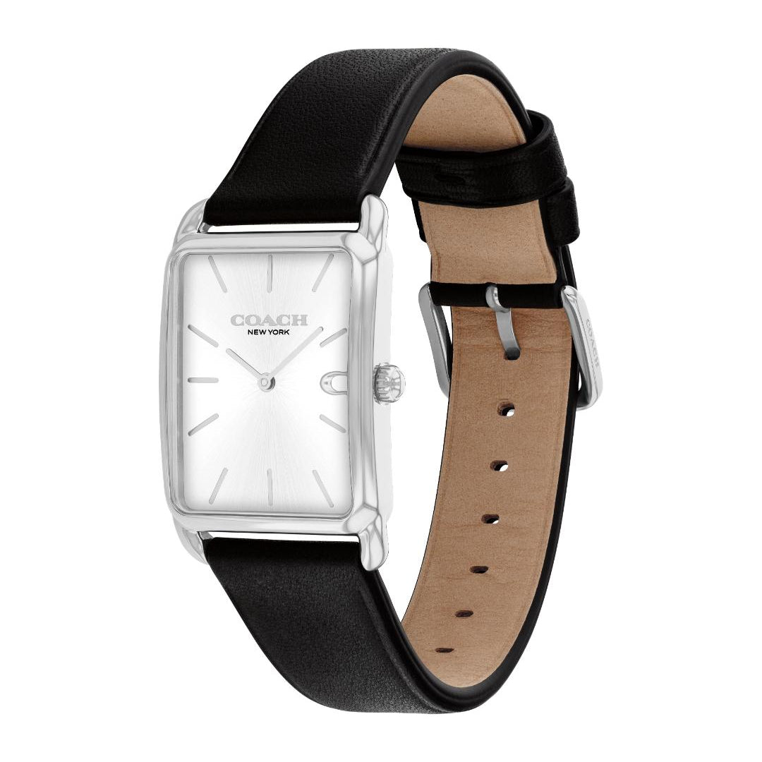 A Coach New York women's watch featuring a silver-tone rectangular case, a white dial, and a black leather strap with a tan interior, shown against a plain white background.