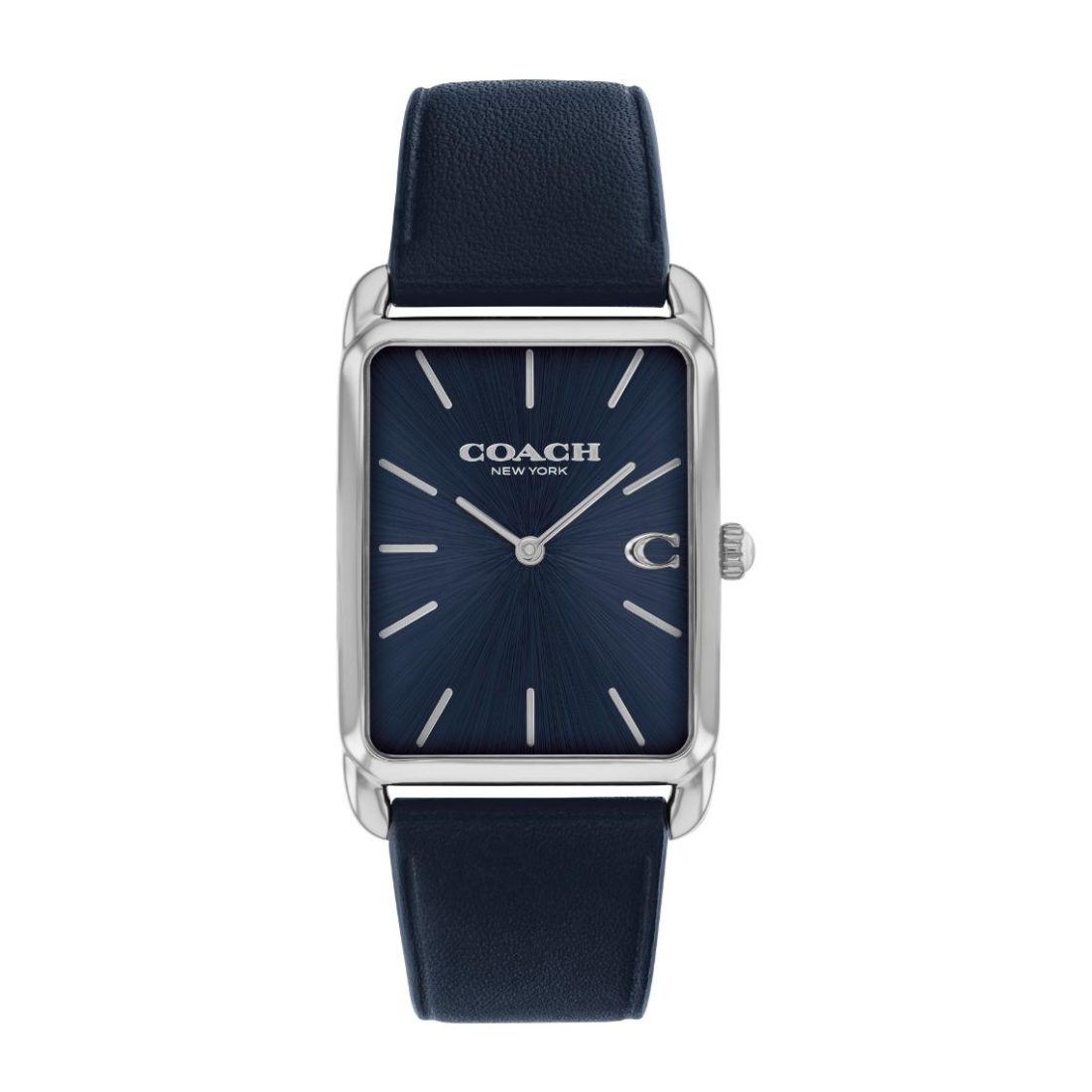 A Coach New York wristwatch with a navy blue sunburst dial, silver-tone rectangular case, and a matching navy blue leather strap, shown against a plain white background.