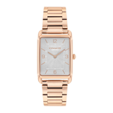 A Coach women's rectangular analog watch with a rose gold metal case and link bracelet, featuring a textured silver-white dial with rose gold markers.