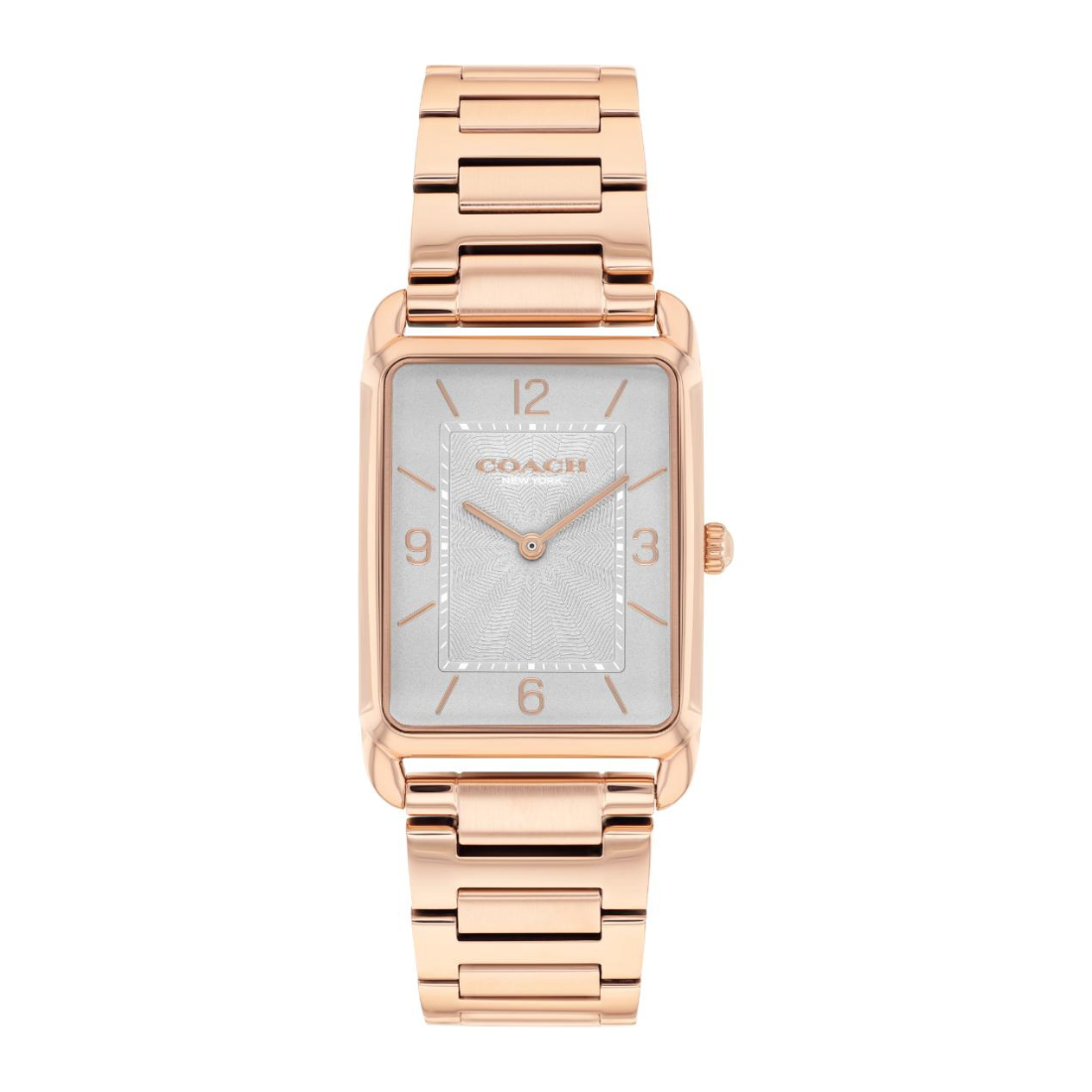 A Coach women's rectangular analog watch with a rose gold metal case and link bracelet, featuring a textured silver-white dial with rose gold markers.