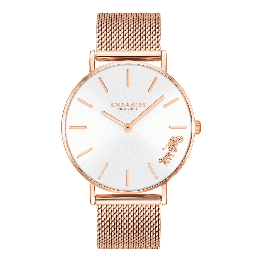 Rose gold watch with white face on a white background