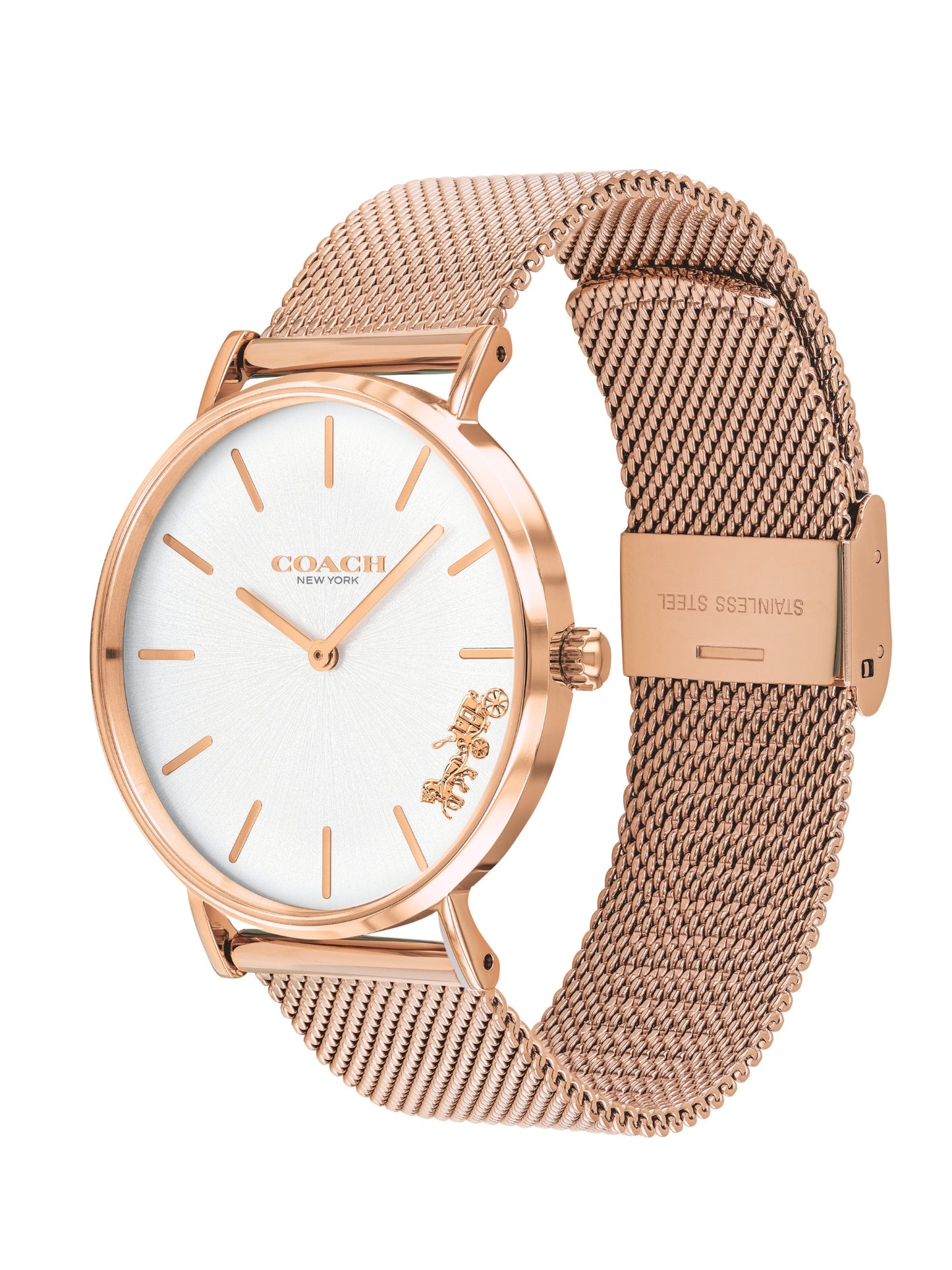 Rose gold watch with mesh band on a white background